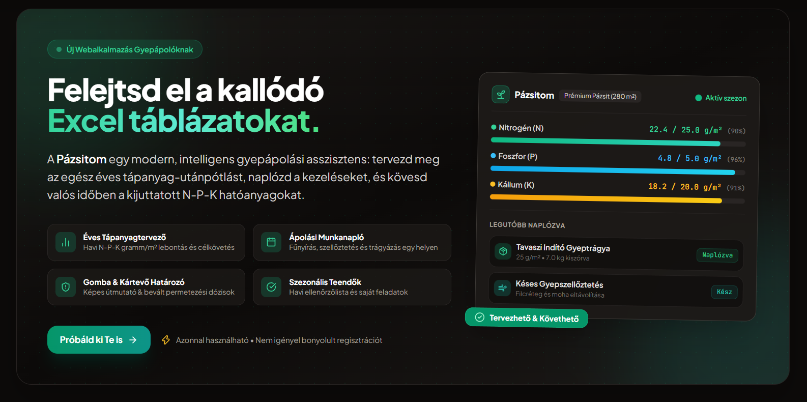 Pázsitom Főoldal és Vezérlőpult